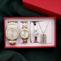 Ensemble de montres en acier inoxydable pour couple, montres-bracelets pour femmes et hommes, horloges avec amoureux, bijoux, collier pendentif clé