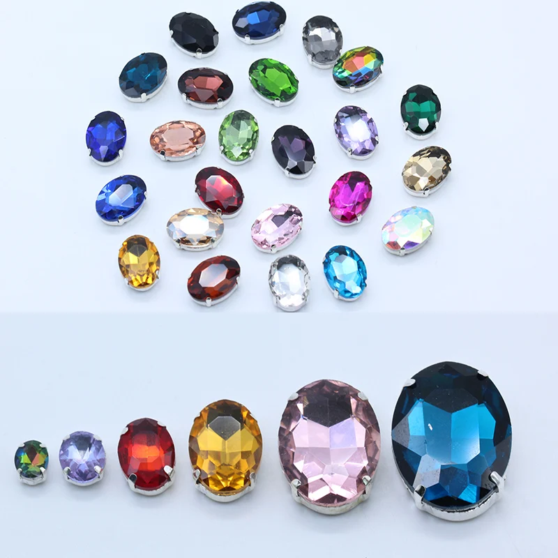 All-size Oval 24-colors glass crystal stone sew on claw rhinestone silver base button for DIY shoes headdress Wedding dress Trim