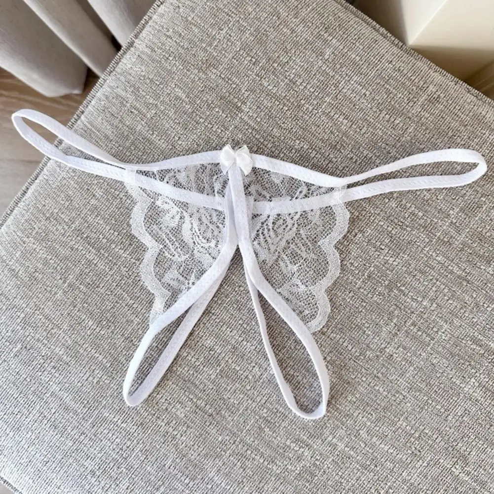 Bow-knot Decor Women Panties Lace Open Crotch See-through Thongs G-string Low Waist Thin Women Underwear