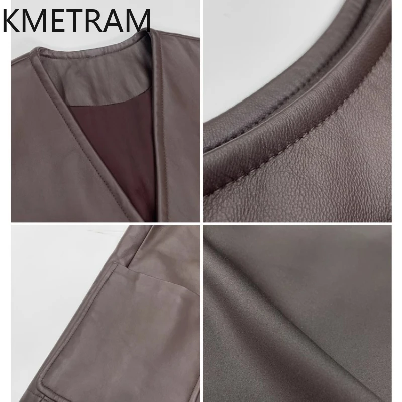 KMETRAM 100% vera pelle di pecora sottile gilet di cotone spalla larga rosso allentato cappotti in vera pelle donna 2025 autunno di media lunghezza пьто