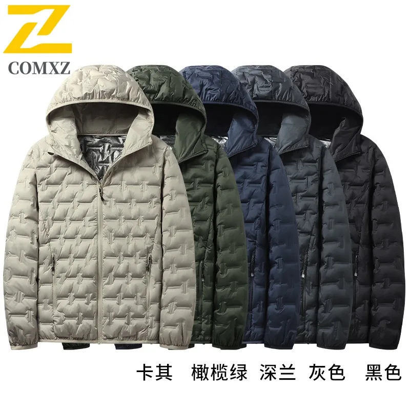COMXZ 2025 Mens Graphene Lightweight Down Jacket 80 Grey Duck Down Hooded Coat waterproof and windproof lightweight windbreaker
