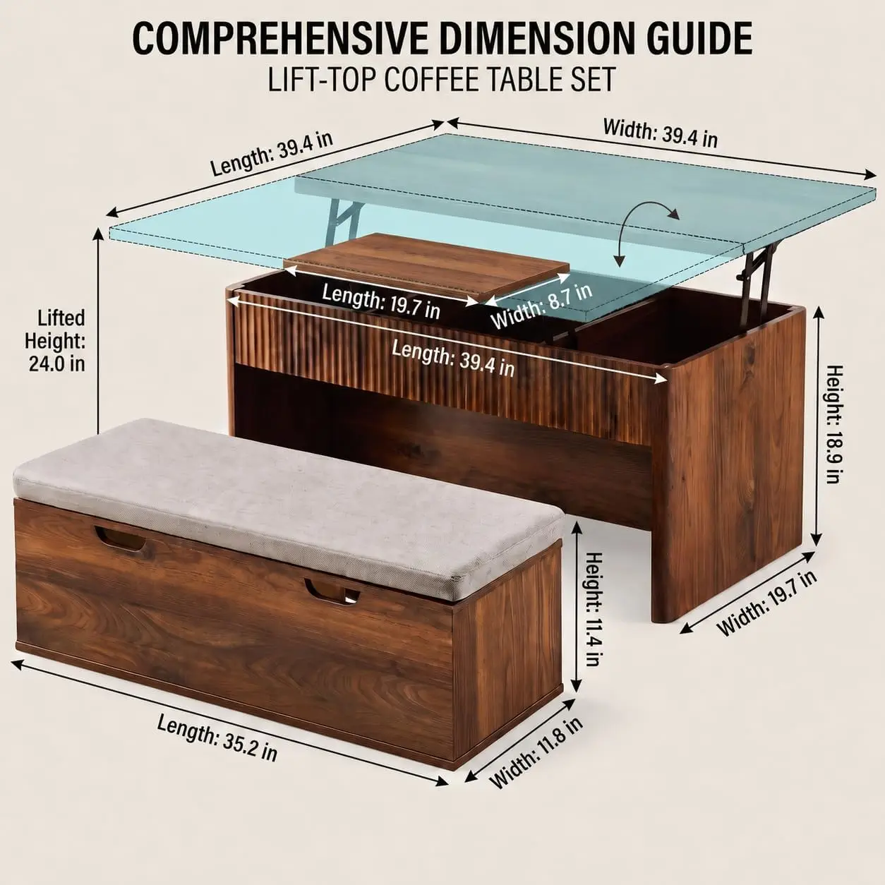 Lift Top Coffee Table with Bench and Storage, 39.4 Inch Convertible Coffee Table Dining Table Set with Hidden Storage, Upholster