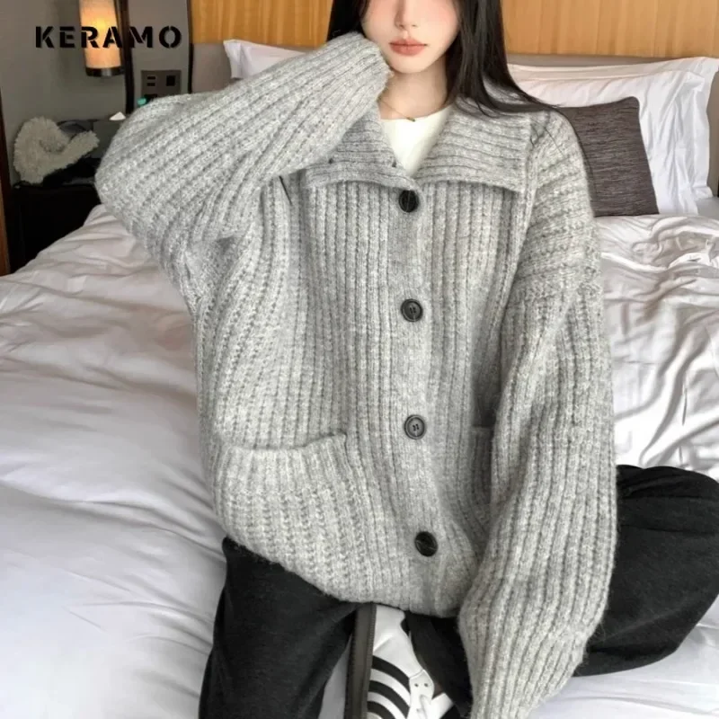 2024 Autumn Winter Women Casual Knitting Long Sleeve Grey Cardigans Fashion Vintage Solid Color Single Breasted Warm Sweater