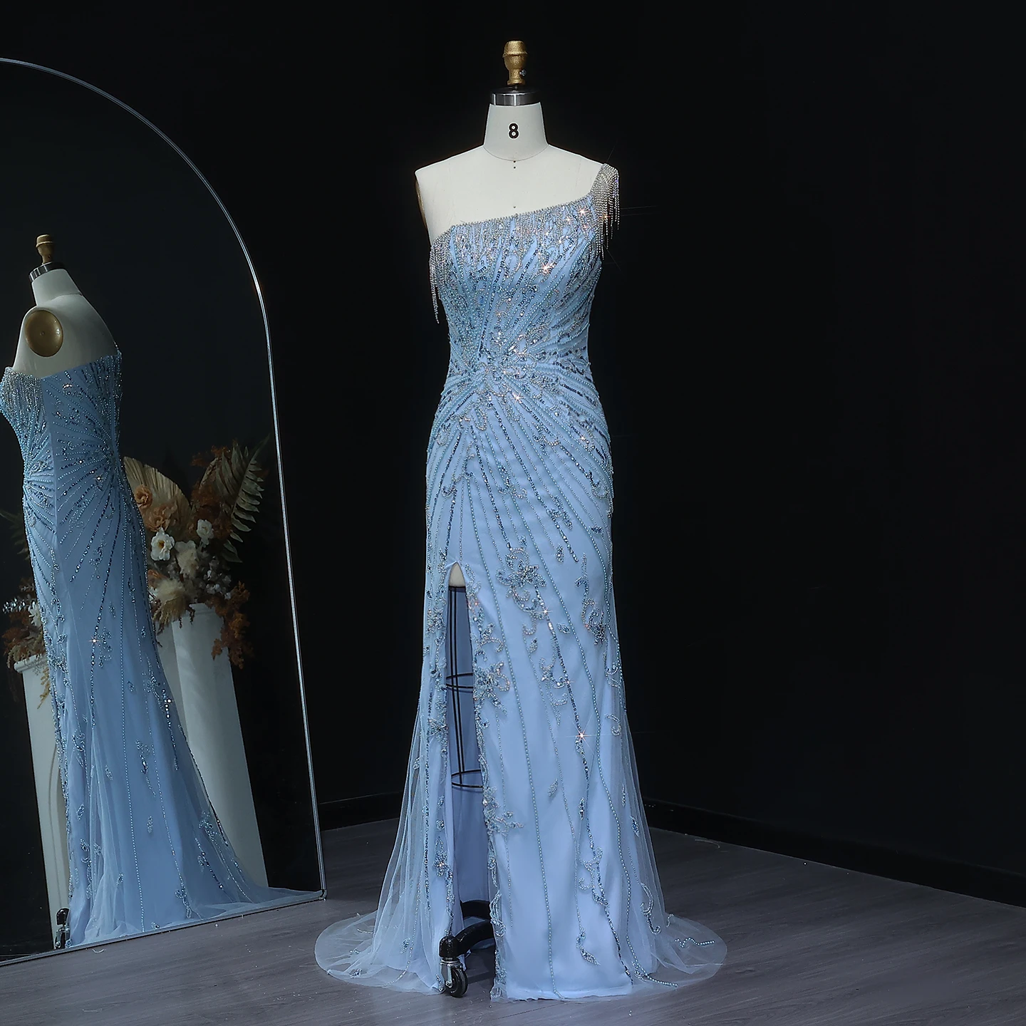 Sharon Said elegancka jedno ramię frędzle syrenka szampańska suknia wieczorowa dla kobiet ślub niebieska suknia wieczorowa dla gości SS031 dostosowana