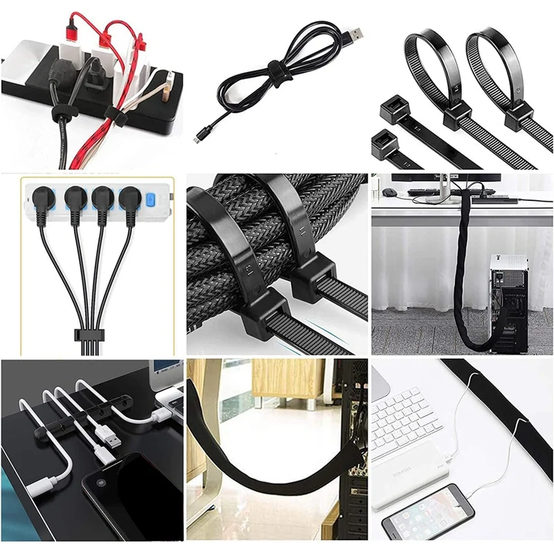 141Pcs Cord Management Organizer Kit 4 Cable Sleeve Split,25 Self Adhesive Cable Clip Holder, For TV Office Home Etc