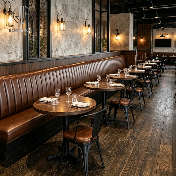 Ron Group Industrial Restaurant Round Square Wood Table Metal Chair High Back Leather Booth Seating Commercial Furniture Booth
