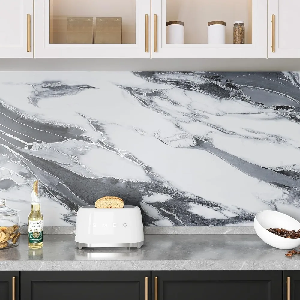 VEELIKE ورق اتصال رخامي سائل أبيض وأسود مقاس 354 بوصة × 32 بوصة ورق حائط رخامي عريض قابل للتقشير واللصق لـ K