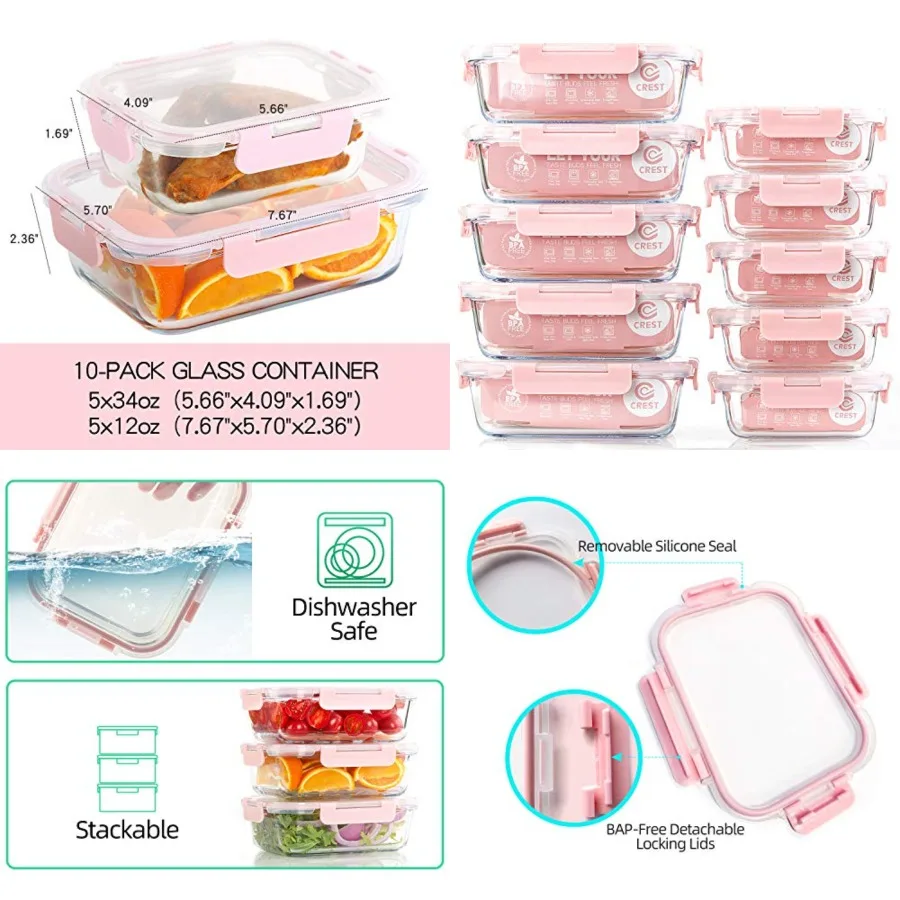 

10 Pack] Glass Meal Prep Containers, Food Storage Containers with Lids Airtight, Glass Lunch Boxes, Microwave, Oven, Freezer an