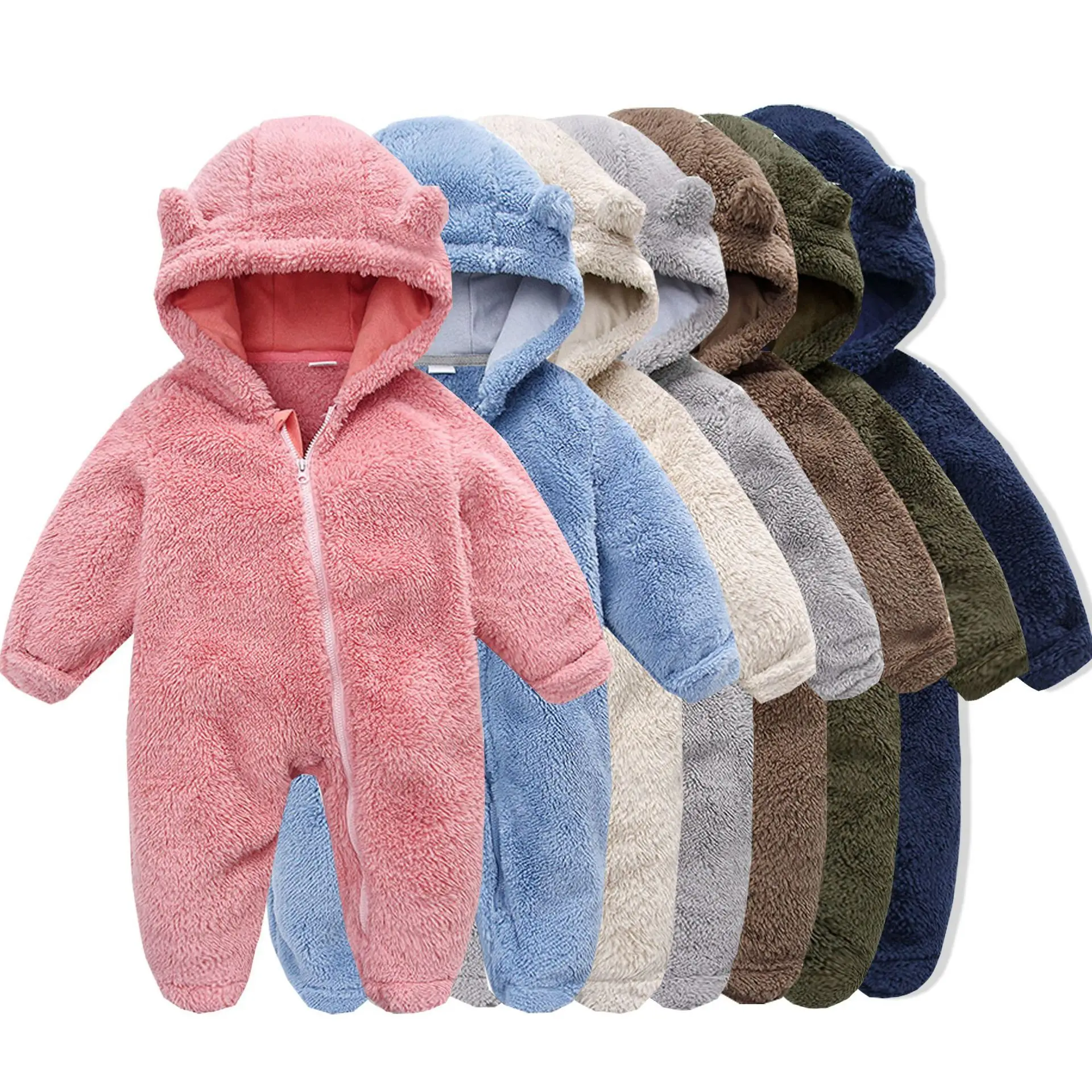 Newborn Baby Fleece One-Piece Footed Jumpsuit New 2026 Autumn Winter Infant Cute Bear Ears Hooded Solid Zip-Up Warm Rompers