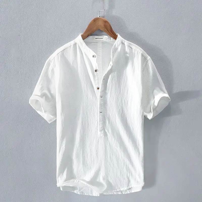 

Men's Cotton Linen ort Sve irt Stand Collar Summer Vintage Linen Cotton Blend Thiened Fce Lined Casual irt