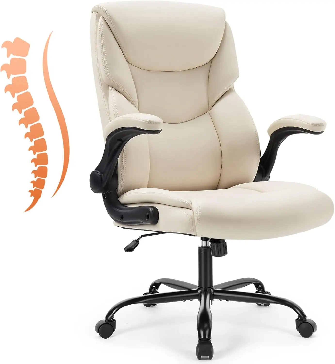 Ergonomic Office Chair - Heavy Duty Task Chair with Flip-up Armrest, PU Leather, Height Adjustable, Swivel Rolling Wheels, Beige
