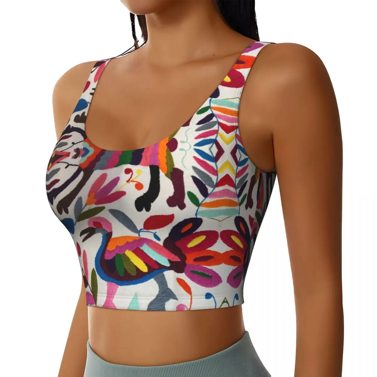 Custom Women's Mexican Otomi Embroidery Sports Bras Traditional Floral Textile High Impact Gym Workout Running Crop Tank Tops