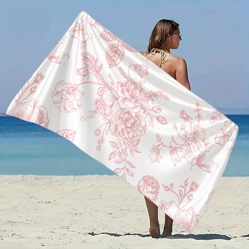

Pink Flower Beach Towel Elastic Great for Beach, Pool, Travel Party Easter Swimming QuickDry Fiber Lightweight Fabric Easy Fold
