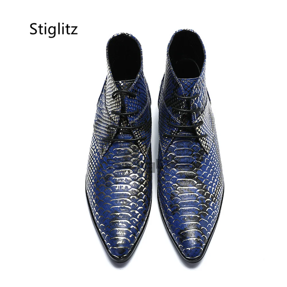 Blue Snake Prints Cowboy Ankle Boots for Men Pointed Toe Lace Up Genuine Leather Chelsea Boots Low Heel Performance Dress Shoes