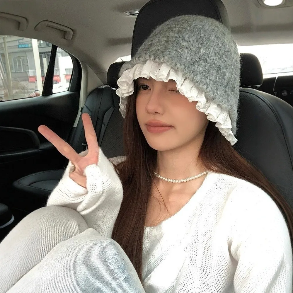 달콤한 레이스 트림 니트 어부 모자 얀 솔리드 컬러 여성 버킷햇 큰 머리둘레 한국 스타일 비니 모자 소녀용