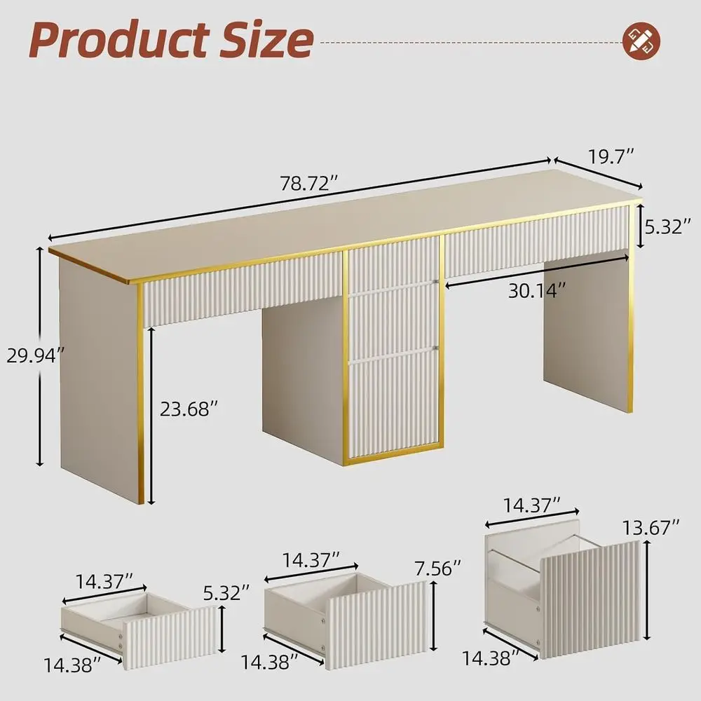 78 Dual-Person Desk with 5 Drawers, Long Double Office Desk with Storage, Wood Home Workspace for Two, White and Gold