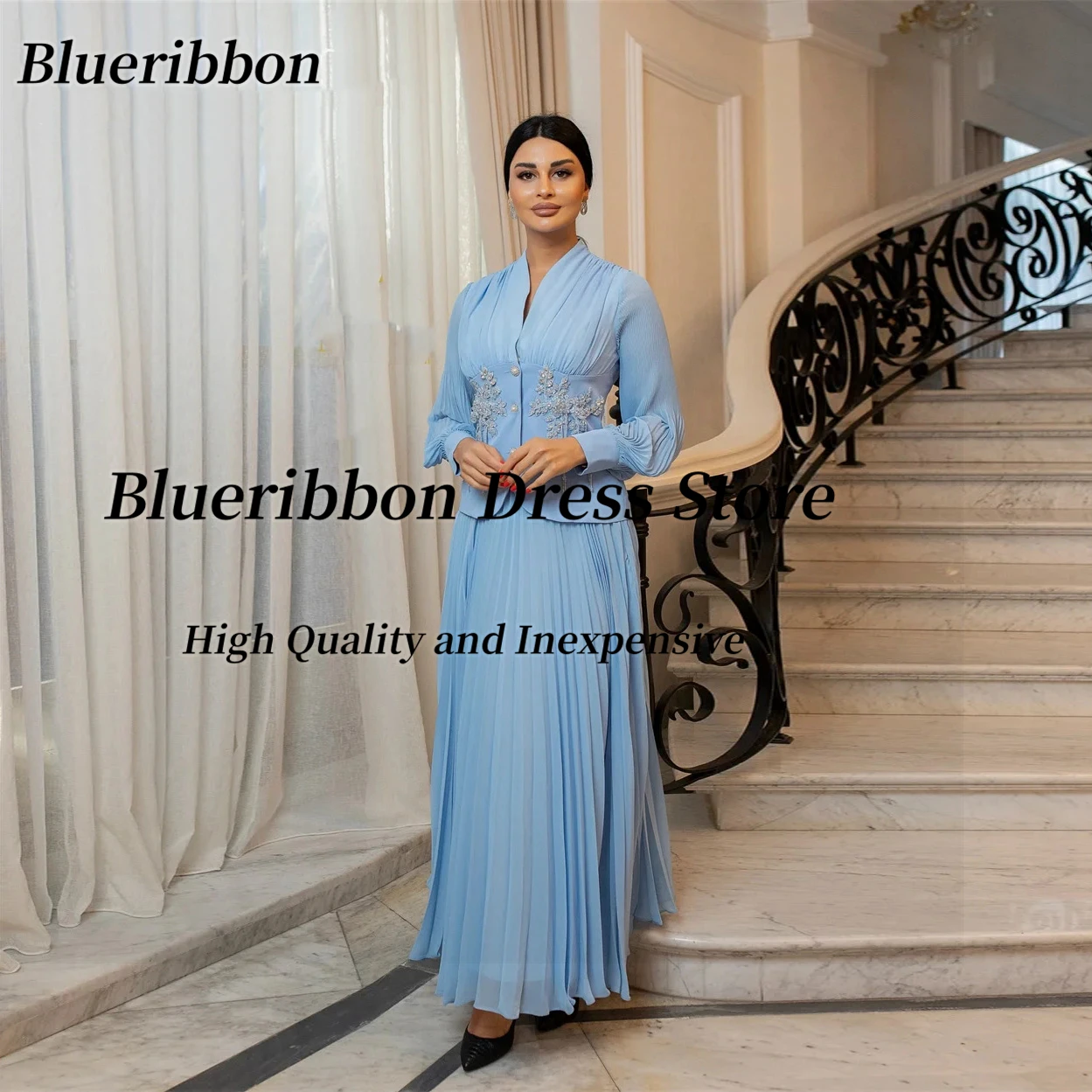 Blueribbon Elegant Long Sleeves Evening Dresses with Applique Tassels Customized Prom Dress Pleats Chiffon Wedding Party Gowns