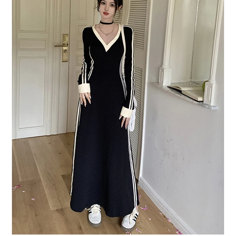 Gidyq Autumn Women Stripe Dress Korean Casual Patchwork Slim Ankle Length Dresses Fashion Female High Waist Long Sleeve Dress