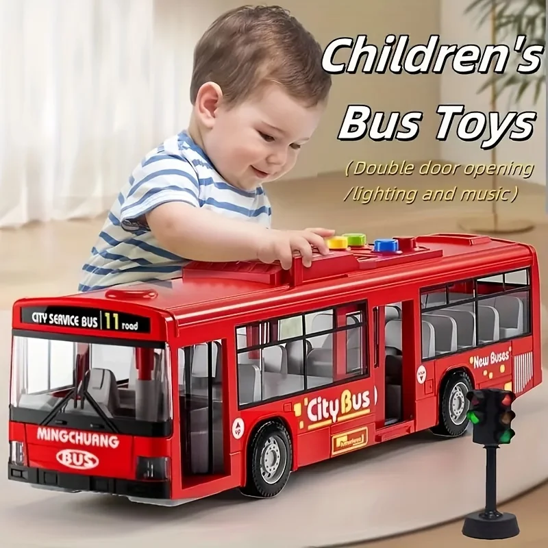 12インチシミュレーション両開きドア慣性バスプルバックモデルおもちゃの車、ライトと音楽付き、男の子と女の子の教育ギフトに最適