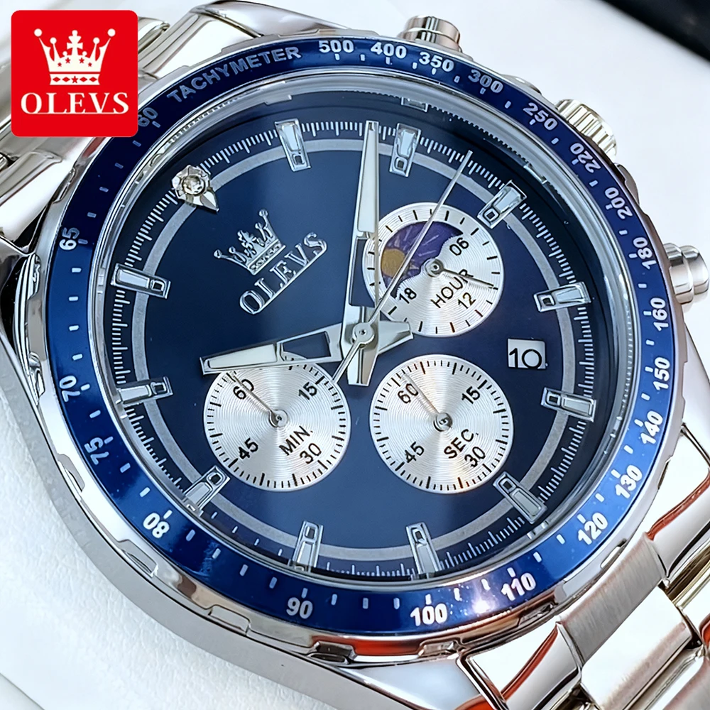 OLEVS أفضل العلامات التجارية ساعات رجالية رياضية موضة أصلية كوارتز ساعة اليد للرجل مقاوم للماء مضيئة مرحلة القمر كرونوغراف التاريخ