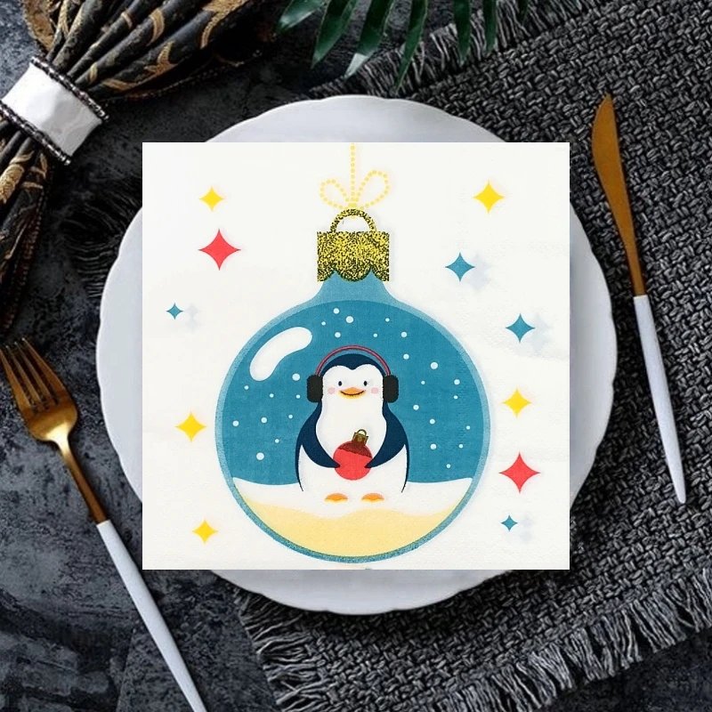 20Pcs/Bag Merry Christmas Penguin Paper Napkins Xmas Santa Claus Decoupage Serviettes for Christmas Party Tableware Home Decor