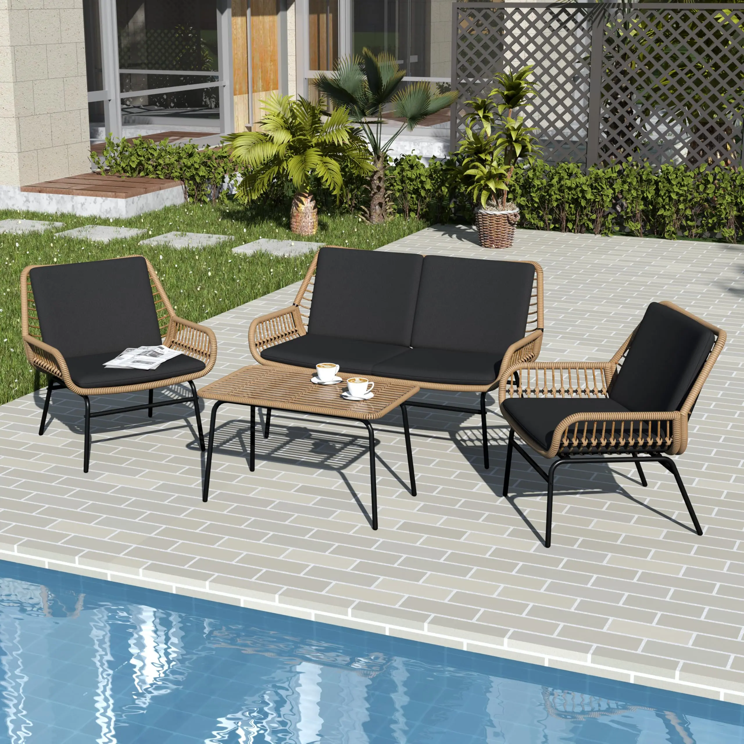 

！@Dwoo High Quality Garden All Weather Rattan Chair Coffee Table Set 4 Pieces Outdoor Courtyard Furniture Set