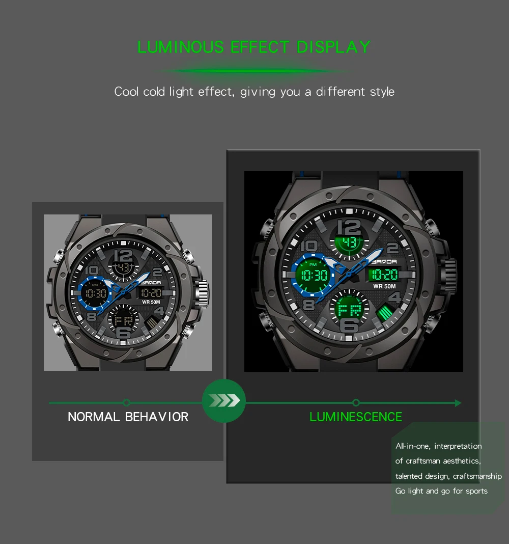 SANDA Men Sports Watches Dual Display Analog Digital LED Electronic Quartz Wristwatches Waterproof Swimming Military Watch 6008