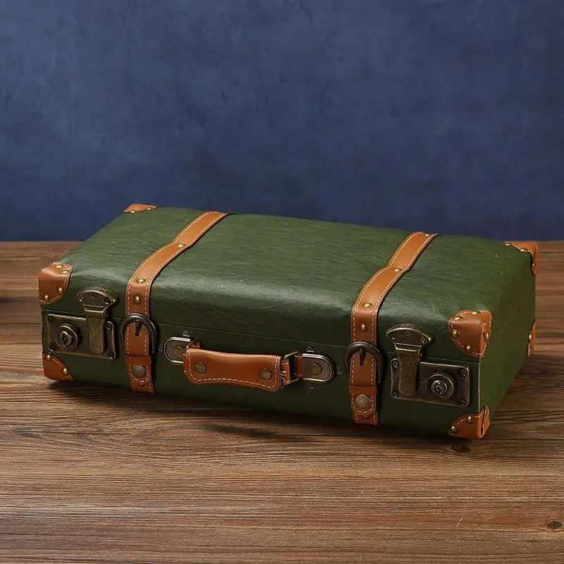 Retro color matching suitcase wooden case travel clothes storage finishing box old-fashioned leather case