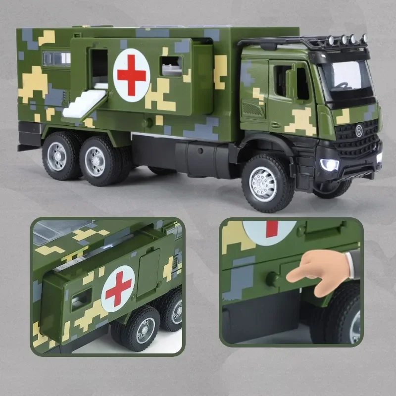 Diecast Military Multi-functional Medical Vehicle Simulation 1:32 Scale Sound and Light Pull Back Toy Car Ornaments Boy Car Gift