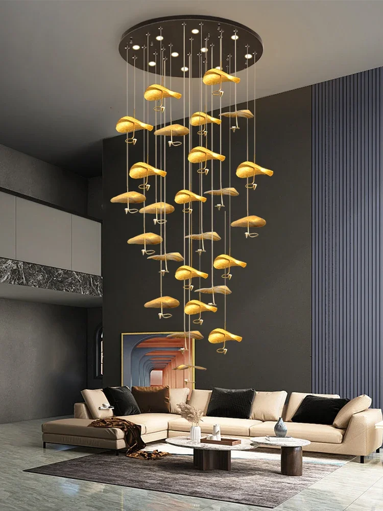 

Modern Copper Lotus Staircase LED Chandelier For Duplex Living Room Luxury Large Leaf Villa Home Indoor Lighting Lustre Fixtures