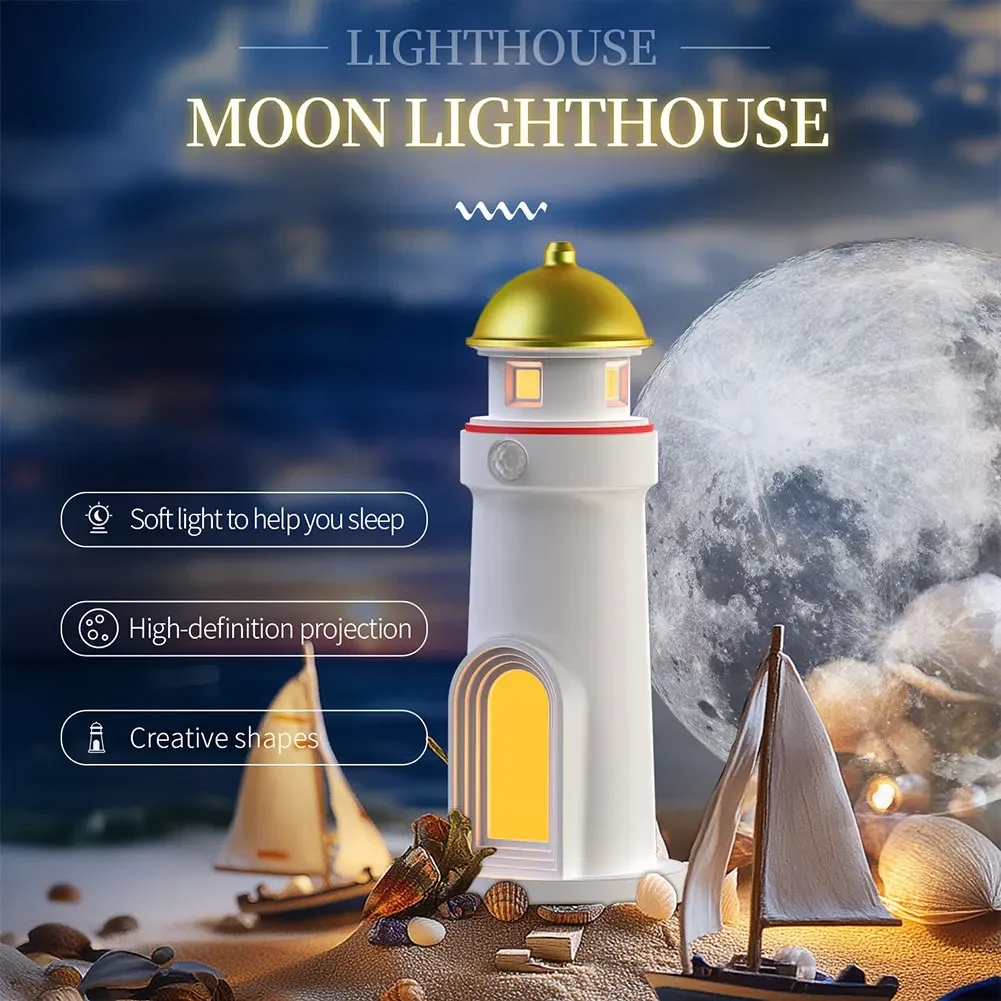 Motion Sensor Lighthouse Moon Projector Night Light, Wireless Portable Rechargable LED Aesthetic Table Lamps for Bedroom Decor