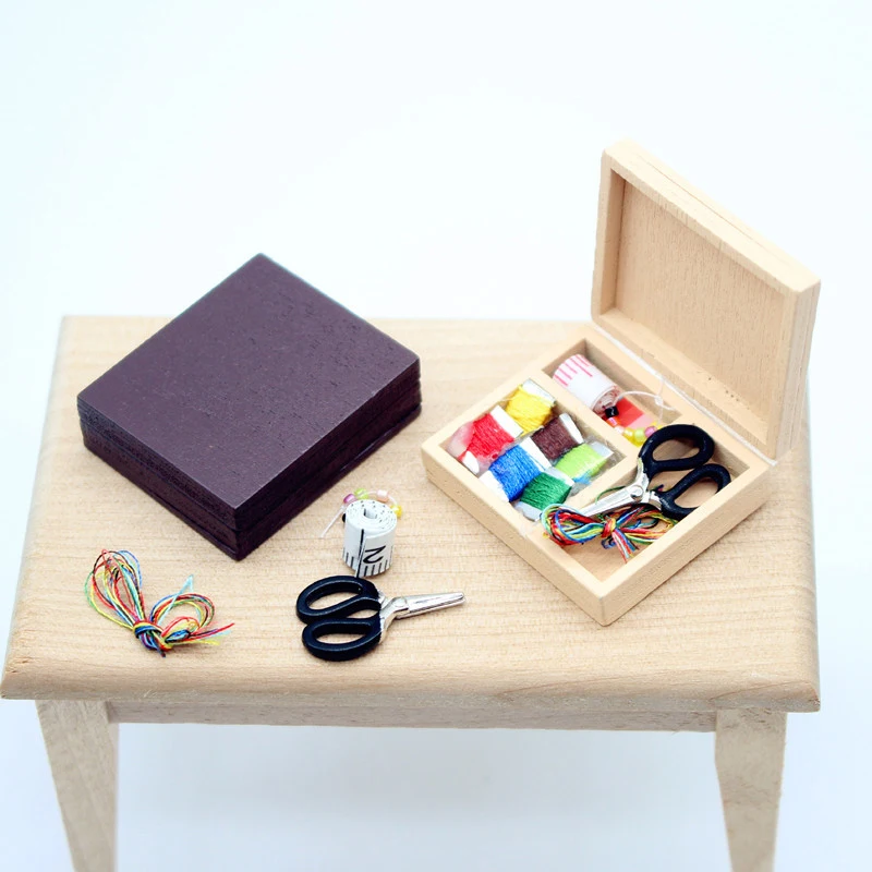 1Pc 1:12 Dollhouse Mini Wooden Sewing Box Toy for Children Dollhouse Furniture Accessories