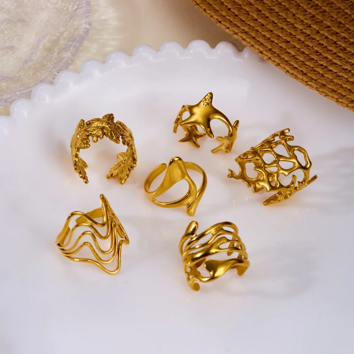Edelstahlringe mit unregelmäßigen Wellen, Korallen, Seesternen und Blumen für Damen und Herren, Retro-Punk, florale Blätter, geometrische Linien, Boho-Schmuck – Detail 21