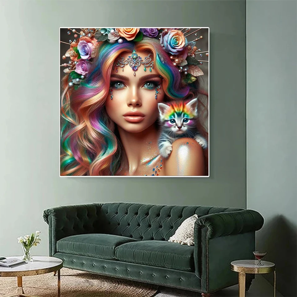 5D DIY Diamond Painting Girl and Cat Diamond Mosaic Diamond Painting Cat Decoration Painting New Product Launched