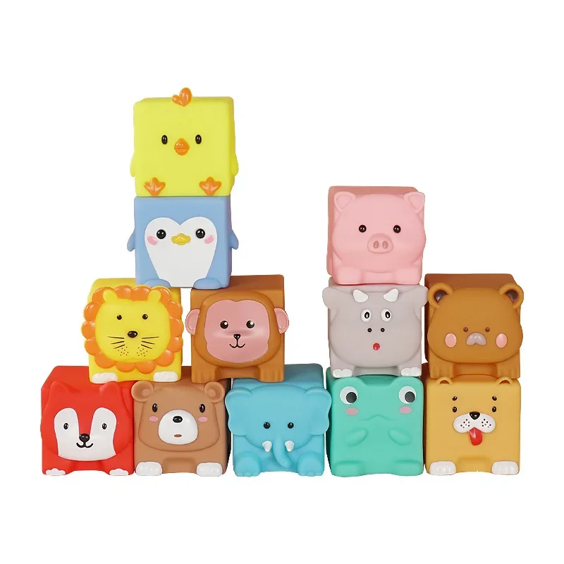 Cute Animals Blocks Toy Silicone Toys Rubber Months Cube 3D Sensory Kids Bath Touch 6 Pcs Grasp Stacking