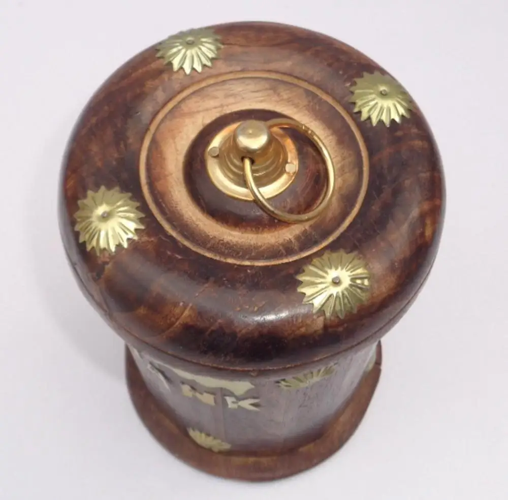 Brass Wooden Money Box Decorative Barrel Shape Piggy Money Bank With Lock