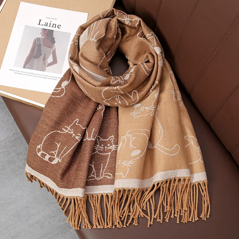 Cute Cartoon Cat Print Scarf Women Winter Warm Shawl Cashmere Thick Neck Scarves Bandana Hijab Wraps Tassls Pashmina