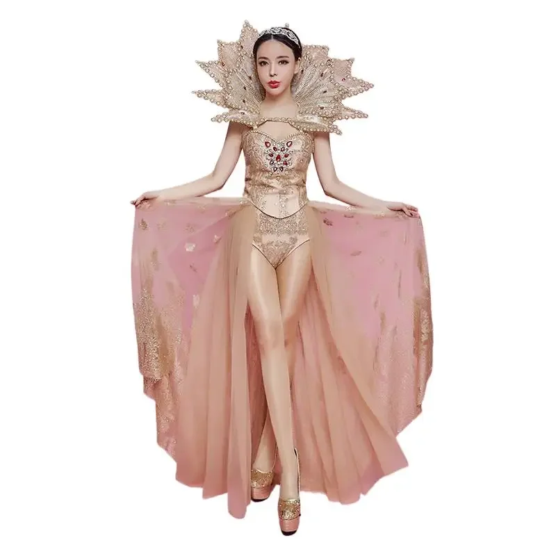 여성 고급 럭셔리 의상 금색 크리스탈 다이아몬드 바디수트 모던 댄스 쇼 의상 무대 캣워크 댄스웨어