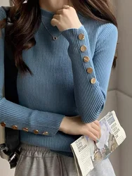 Elegant Korean Button Long Sleeve O Neck Sweater Women Winter Casual Solid Knitted Pullovers Thick Warm Elasticity Jumpers Tops