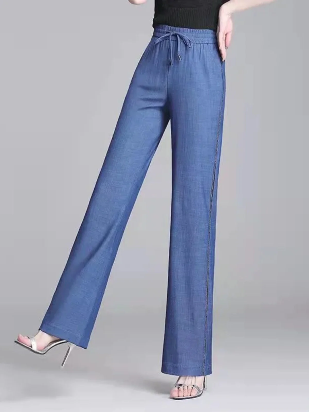 

Широкие джинсы из ледяного шелка для женщин, летние, тонкие, с высокой талией, свободные, прямые, длинные, укороченные (до щиколотки), брюки прямого кроя