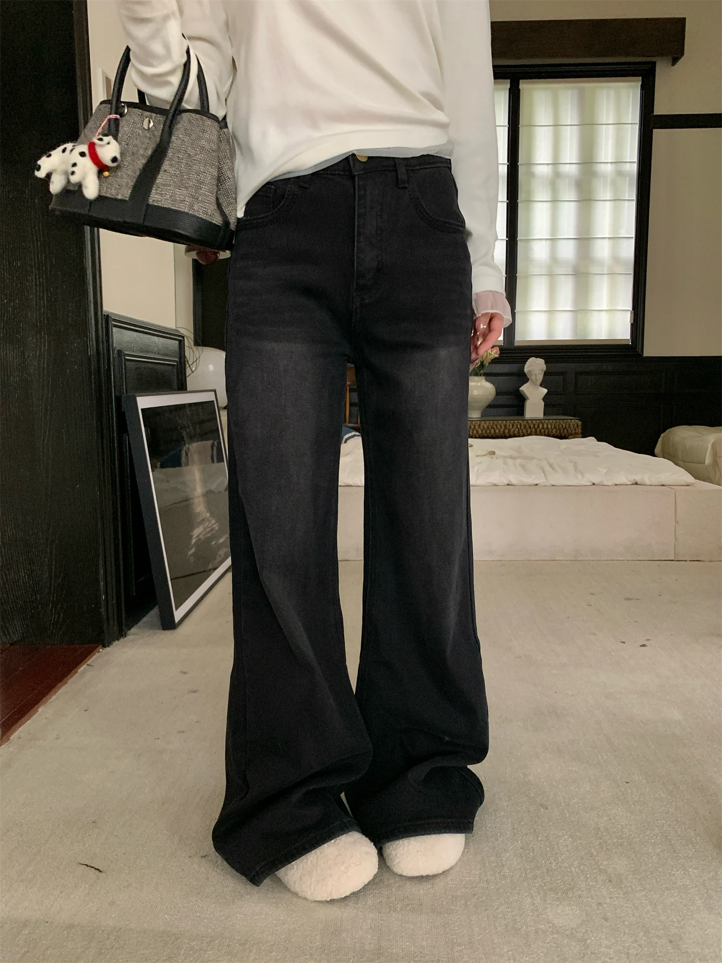 

Джинсы женские с высокой талией, на подкладке, расклешенные, зимние, прямые, повседневные, длинные, с укороченным верхом, хлопковые, на пуговицах, однотонные