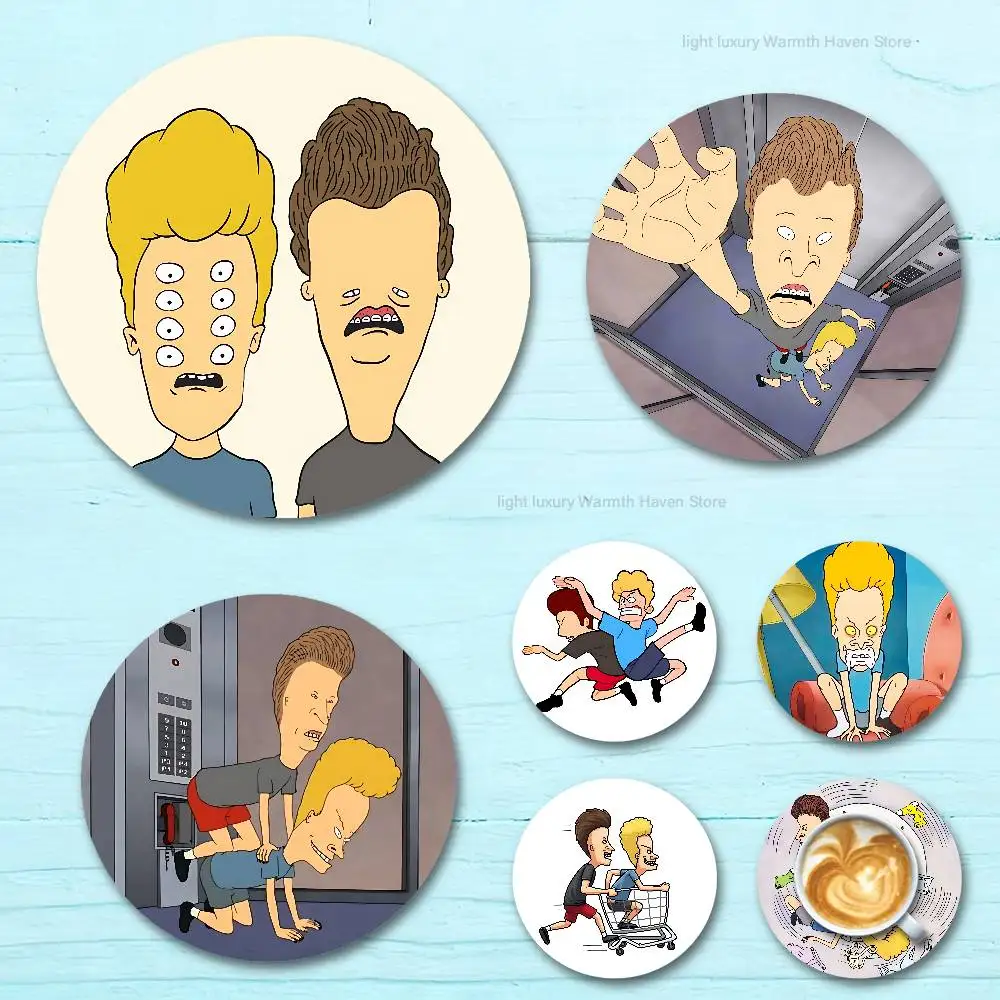 

B-Beavis and B-Butt-Head Heat Resistant Round Wooden Coasters Non-slip Drink Cafe Decoration 2D Flat Color Print Coasters