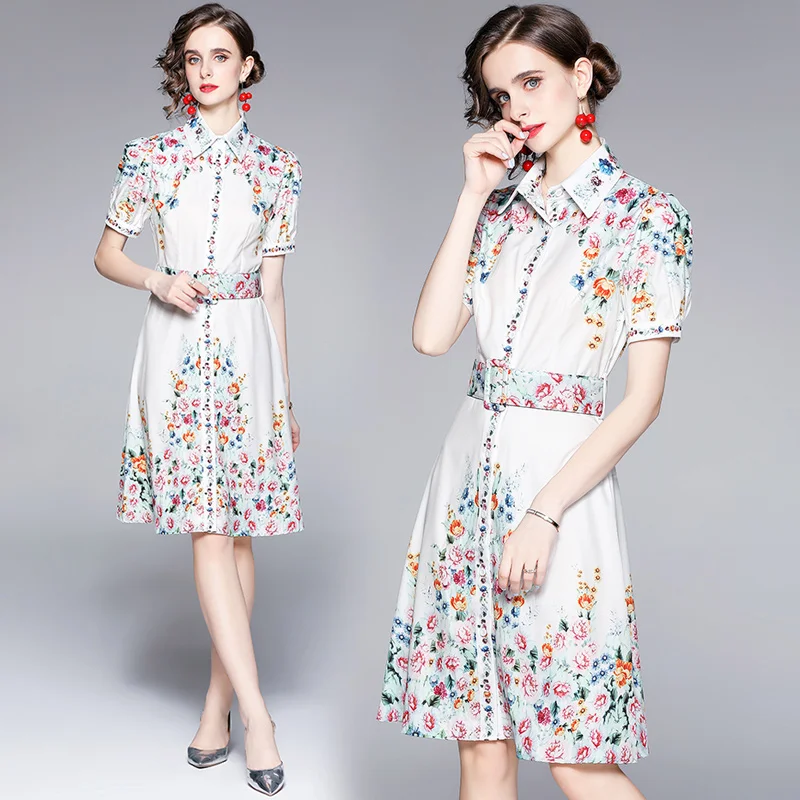 European Chic: Aristocratic Snowflake Chiffon Dress - Retro Print, Puffed Sleeves, Slimming Fit, Timeless Elegance 2024 Flair