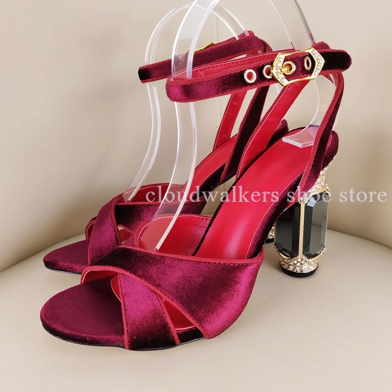 

Concise Suede Cross Strap Sexy Peep Toe Sandals Gorgeous Gemstone Rhinestone Heel Women's Summer Themed Wedding Gladiator Sandal
