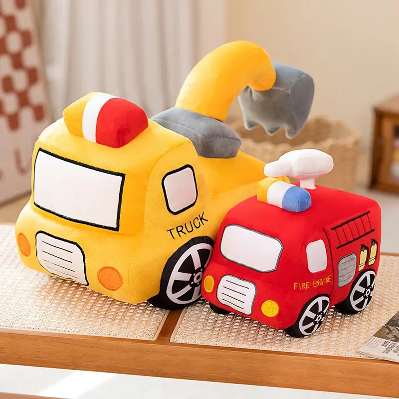 Cute Soft Fire Engine Excavator Plush Toys Stuffed Fire Truck Throw Pillow Plushies Doll Home Decor Birthday Gift for Kids Girls