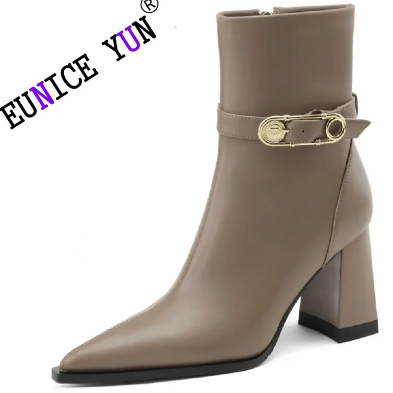 【EUNICE YUN】European American Genuine Leather High Heels Large Short Tube Strap Buckle Side Zipper Women's Boots 34-40