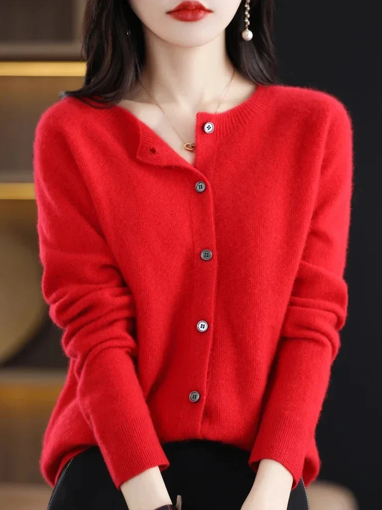 Women\'s Merino Wool Cardigan, 100% Pure Wool, O-Neck, Cashmere Sweater, Female Clothing, Grace Knitwear, Korean Tops, New Fashio