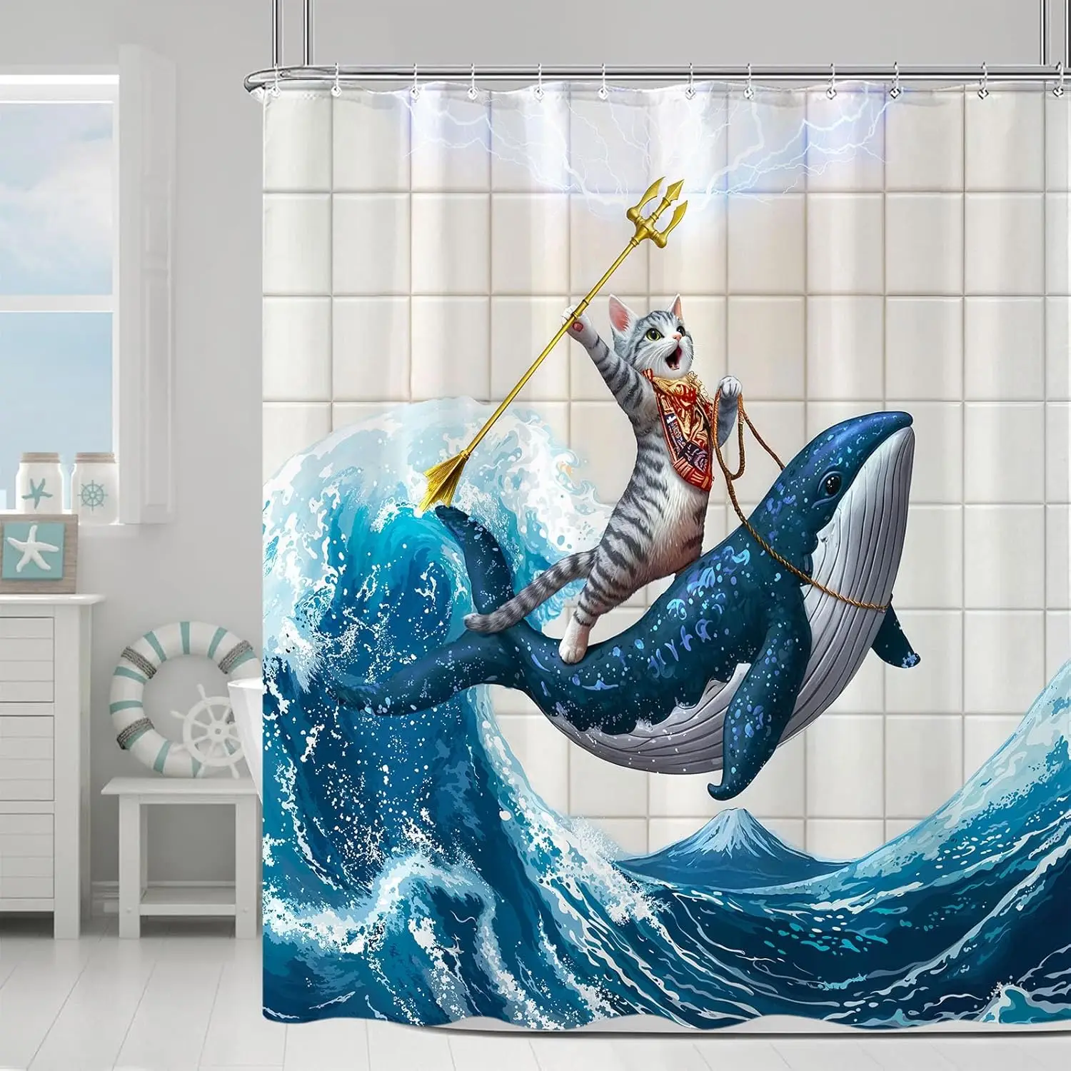 ستارة دش القط المحيط مضحك الحوت دش الستائر للحمام متعة دش الستار مجموعة مع 12 السنانير Wha