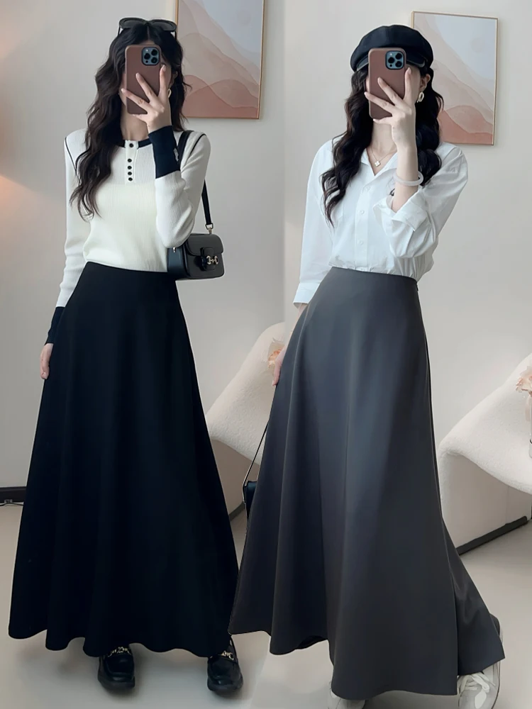 

Ele High Waist A-Line Floor-Length Skirt Hepburn Sle Artistic Fulln Slimming Effect Women's Autumn Collection