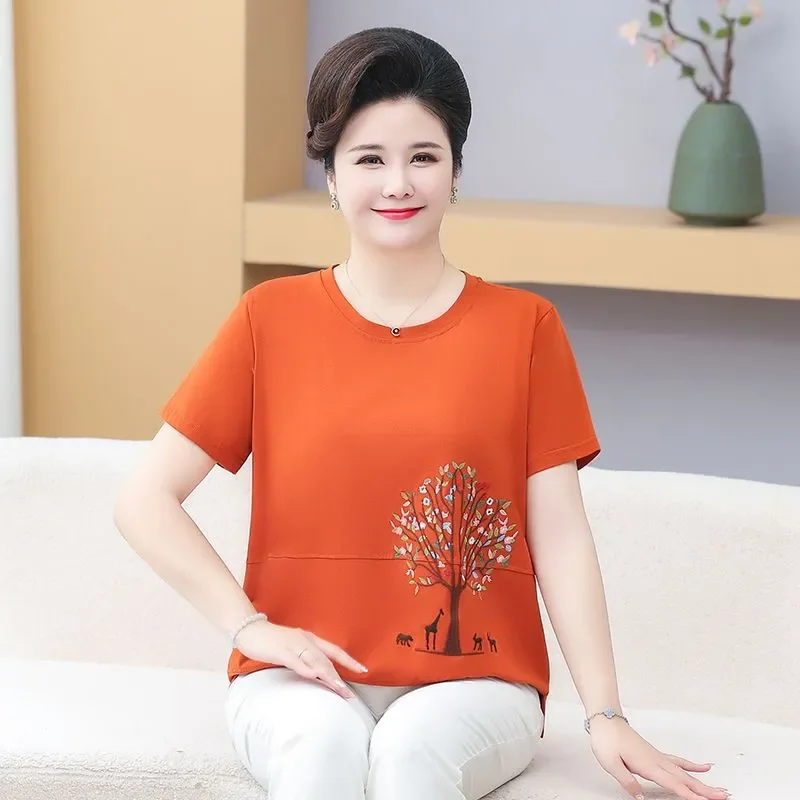 Womens Cotton Embroidered Short Sleeve T Shirt Loose Plus Size Casual Tops For Middle Aged Mothers